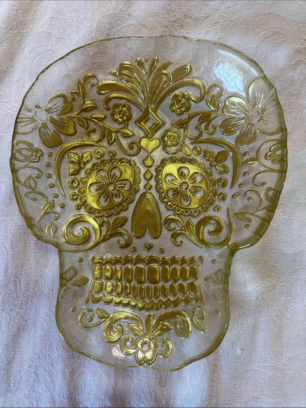 Sugar Skull Art Dish Gold Decorative Glass Serveware